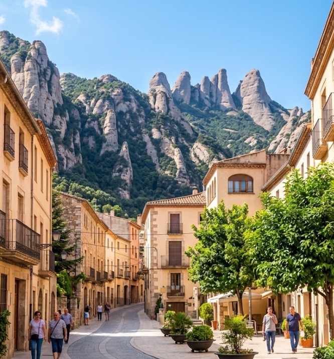 Vistas de las zonas peatonales, el casco antiguo y la majestuosa montaña de Montserrat